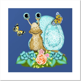 funny smiling snail among flowers and butterflies Posters and Art